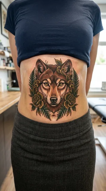 Color neo traditional wolf tattoo on a woman's stomach