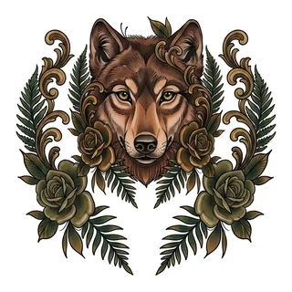 Color neo traditional wolf tattoo design, drawn flat for a stomach tattoo