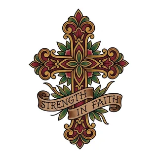 Color traditional cross tattoo design, drawn flat for a stomach tattoo