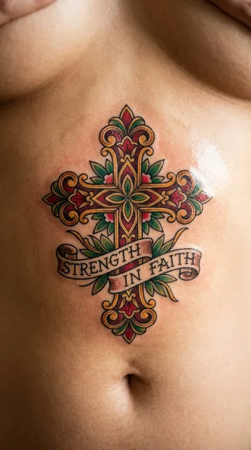 Color traditional cross tattoo on a woman's stomach