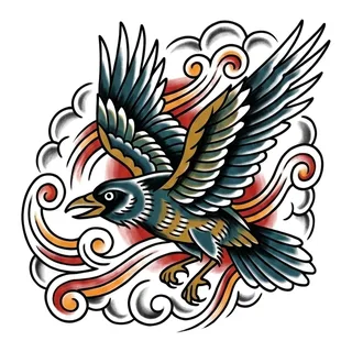 Color traditional crow tattoo design, drawn flat for a stomach tattoo