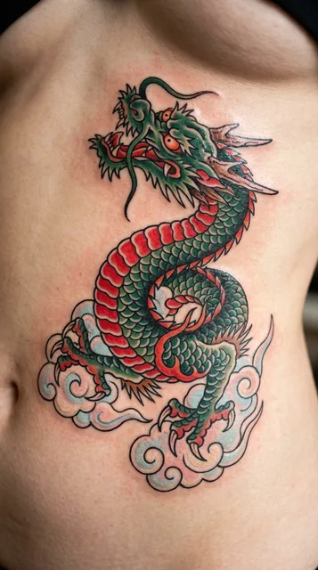 Color traditional dragon tattoo on a woman's stomach