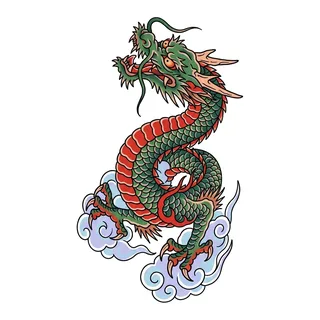 Color traditional dragon tattoo design, drawn flat for a stomach tattoo