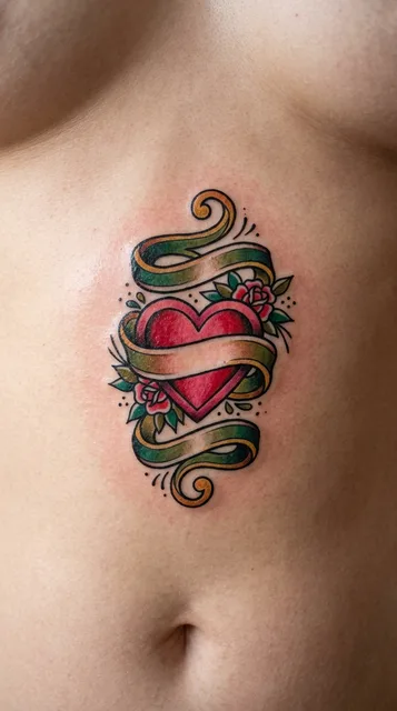 Color traditional heart tattoo on a woman's stomach