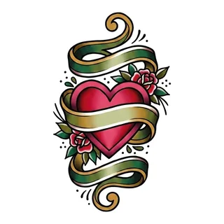 Color traditional heart tattoo design, drawn flat for a stomach tattoo