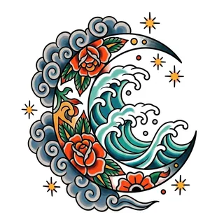 Color traditional moon tattoo design, drawn flat for a stomach tattoo