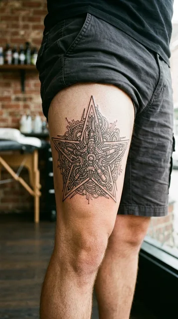 Black and grey biomechanical star tattoo on a man's thigh