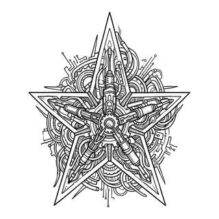 Black and grey biomechanical star tattoo design, drawn flat for a thigh tattoo