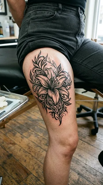 Black and white blackwork lily tattoo on a woman's thigh