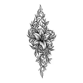 Black and white blackwork lily tattoo design, drawn flat for a thigh tattoo
