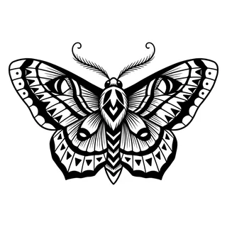 Black and white blackwork moth tattoo design, drawn flat for a thigh tattoo