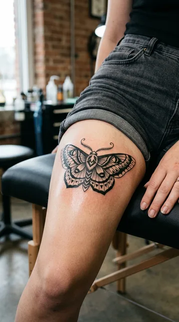 Black and white blackwork moth tattoo on a woman's thigh