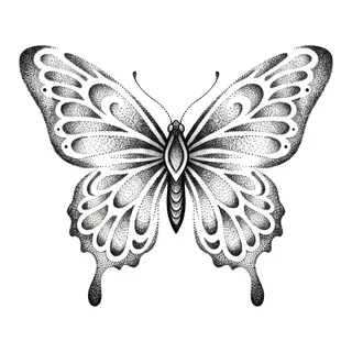 Black and grey dotwork butterfly tattoo design, drawn flat for a thigh tattoo