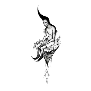 Black and grey dotwork figure tattoo design, drawn flat for a thigh tattoo