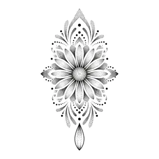 Black and grey dotwork tattoo design, drawn flat for a thigh tattoo