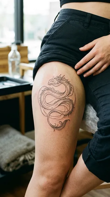 Black and white fine line dragon tattoo on a woman's thigh