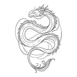 Black and white fine line dragon tattoo design, outline stencil for a thigh tattoo
