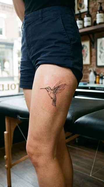 Black and white fine line hummingbird tattoo on a woman's thigh