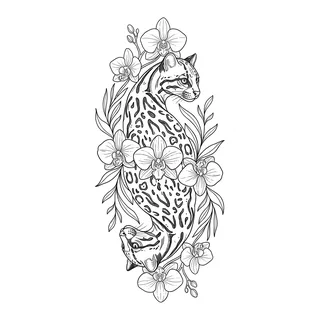 Black and white fine line tattoo design, outline stencil for a thigh tattoo