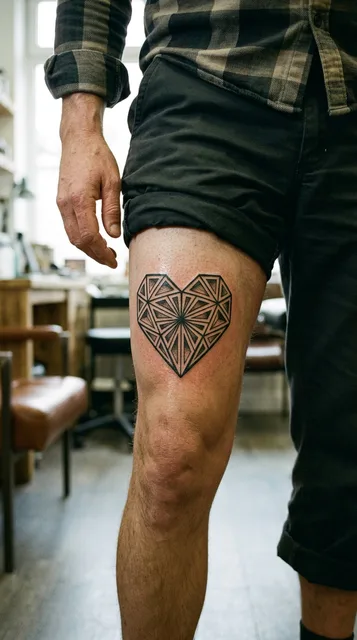 Black and white geometric heart tattoo on a man's thigh