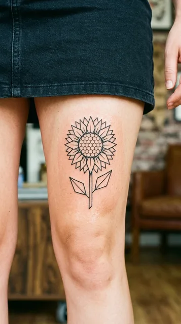 Sunflower tattoo on the thigh