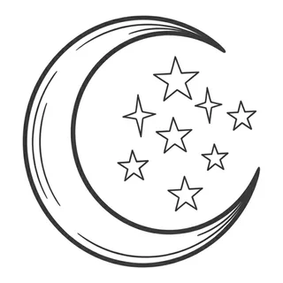 Black and grey illustrative moon tattoo design, drawn flat for a thigh tattoo