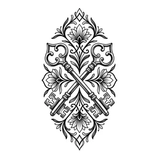 Black and grey illustrative tattoo design, drawn flat for a thigh tattoo