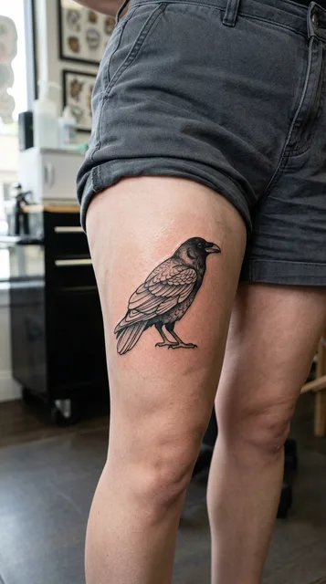 Black and white linework crow tattoo on a woman's thigh