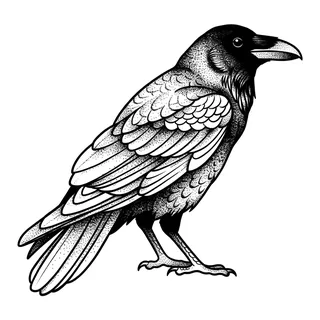 Black and white linework crow tattoo design, outline stencil for a thigh tattoo