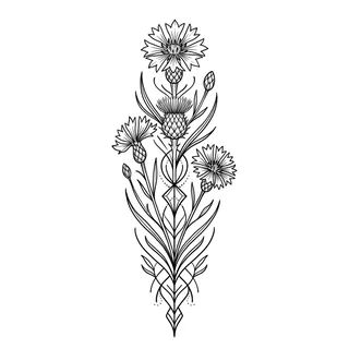 Black and white linework tattoo design, outline stencil for a thigh tattoo