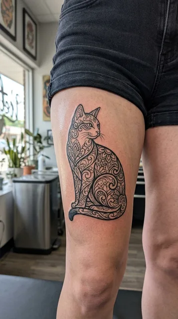 Cat tattoo on the thigh