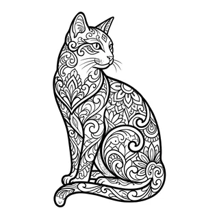 Black and grey ornamental cat tattoo design, drawn flat for a thigh tattoo