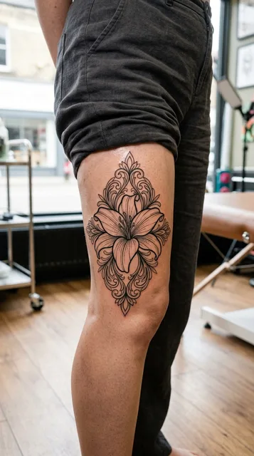 Black and grey ornamental flower tattoo on a woman's thigh