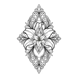 Black and grey ornamental flower tattoo design, drawn flat for a thigh tattoo