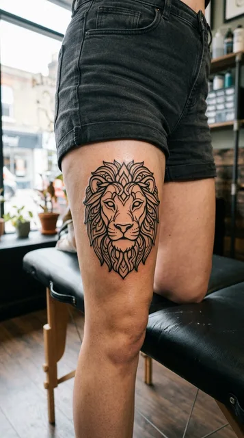 Black and grey ornamental lion tattoo on a woman's thigh