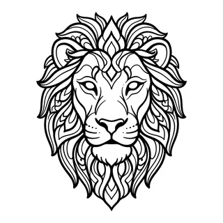 Black and grey ornamental lion tattoo design, drawn flat for a thigh tattoo