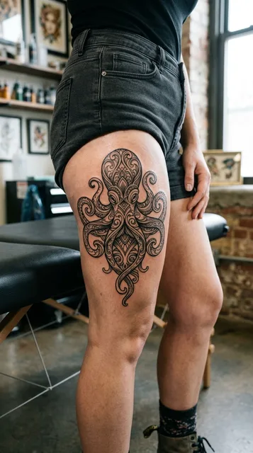 Black and grey ornamental octopus tattoo on a woman's thigh