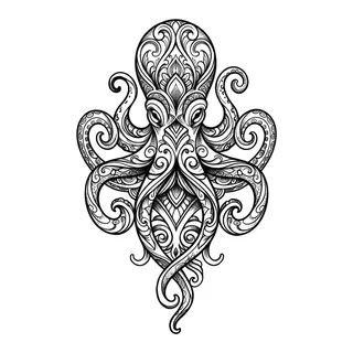 Black and grey ornamental octopus tattoo design, drawn flat for a thigh tattoo