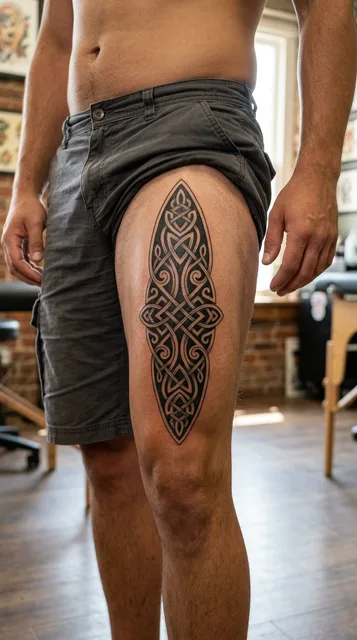 Black and grey ornamental tattoo on a man's thigh