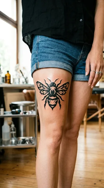Bee tattoo on the thigh