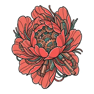 Color biomechanical flower tattoo design, drawn flat for a thigh tattoo