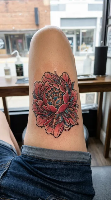 Flower tattoo on the thigh