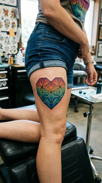 Color geometric heart tattoo on a woman's thigh