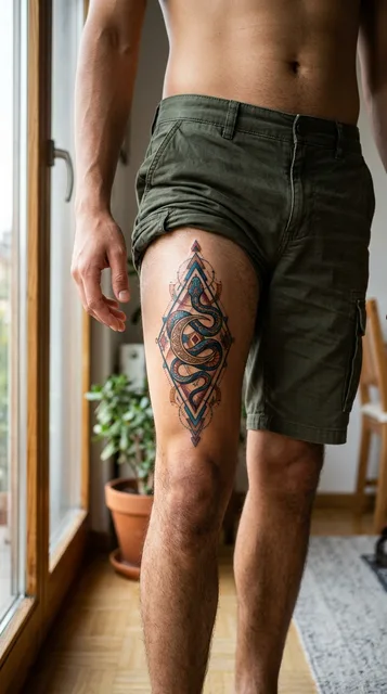 Color geometric tattoo on a man's thigh