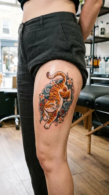 Color Japanese cat tattoo on a woman's thigh