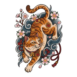 Color Japanese cat tattoo design, drawn flat for a thigh tattoo