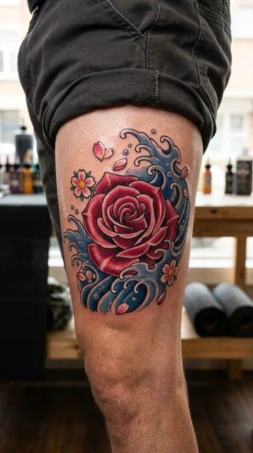 Color Japanese rose tattoo on a man's thigh