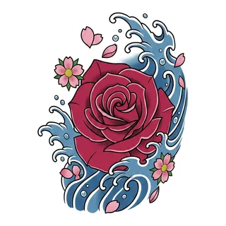 Color Japanese rose tattoo design, drawn flat for a thigh tattoo