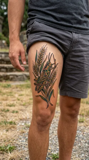 Color neo traditional tattoo on a man's thigh