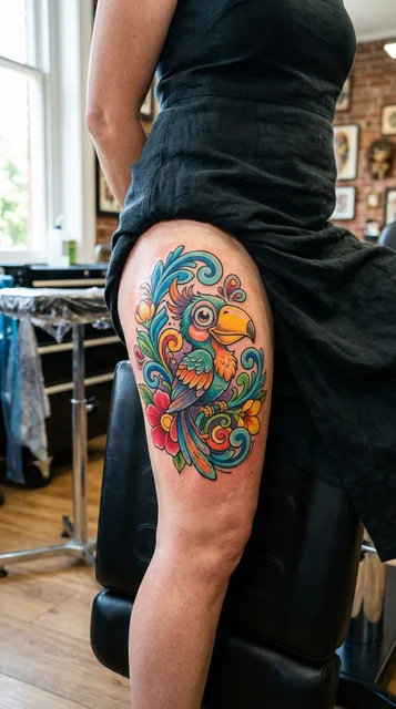 Color new school parrot tattoo on a woman's thigh